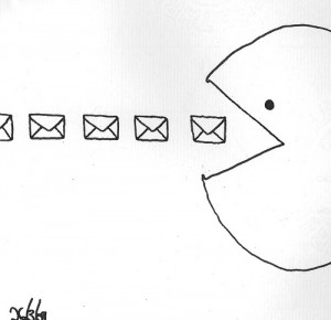 Illustration of email campaigns lined up to be eaten by Pac Man