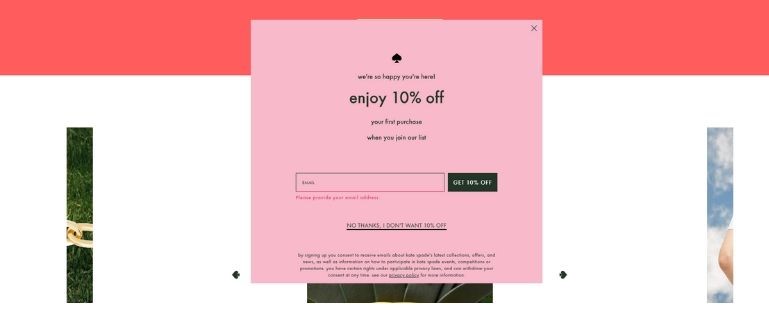 Incentive-driven popover newsletter subscription from Kate Spade