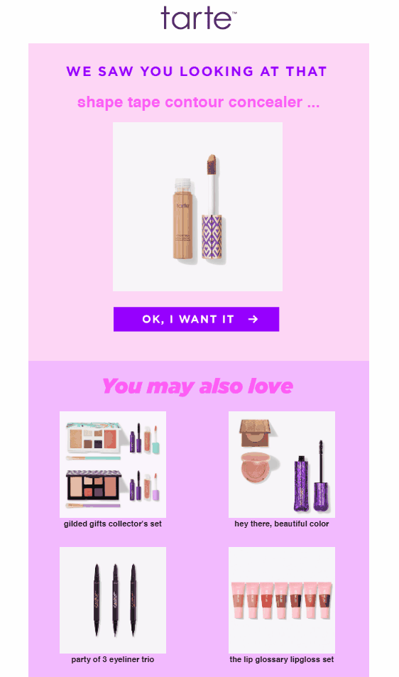 Tarte cosmetics browse abandonment email with product recommendations