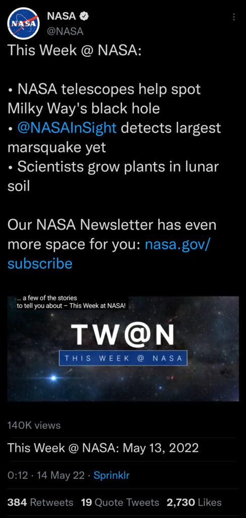 Tweet from NASA promoting sign up to their weekly newsletter