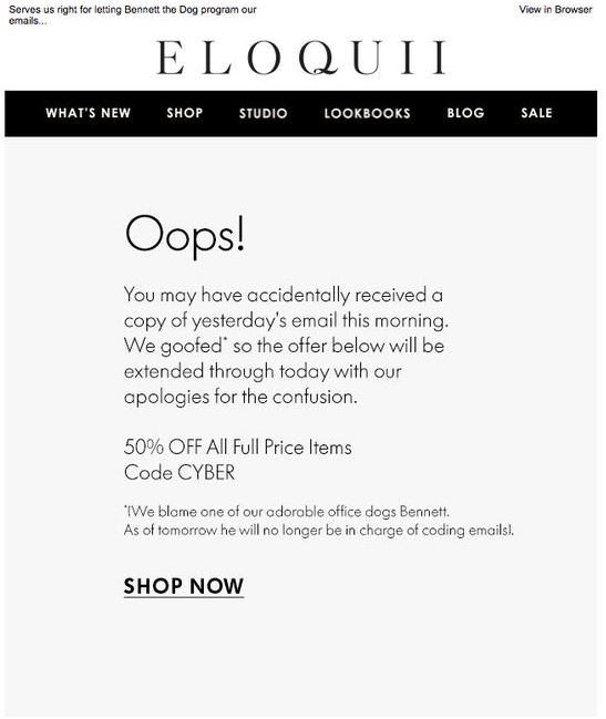 Ooop email example from Eloquii when email marketing goes wrong 