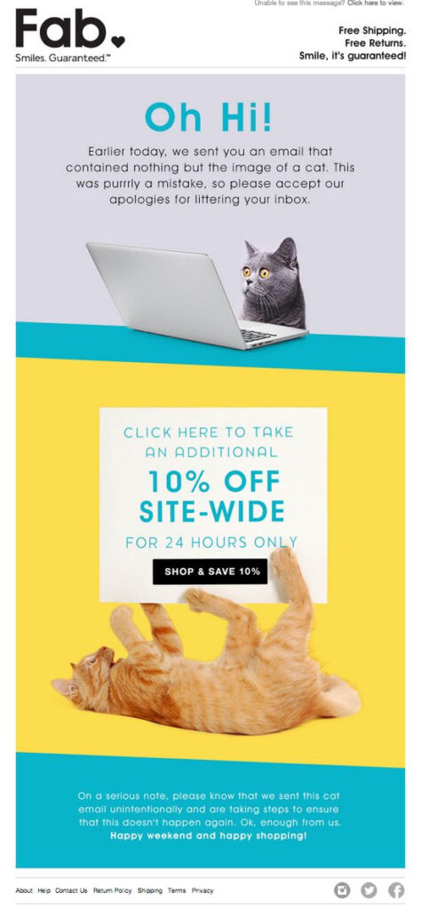 Fun example of an oops email from Fab making marketing fun