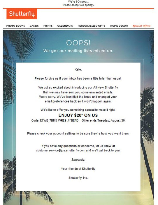 Email marketing example of an apology email from Shutterfly