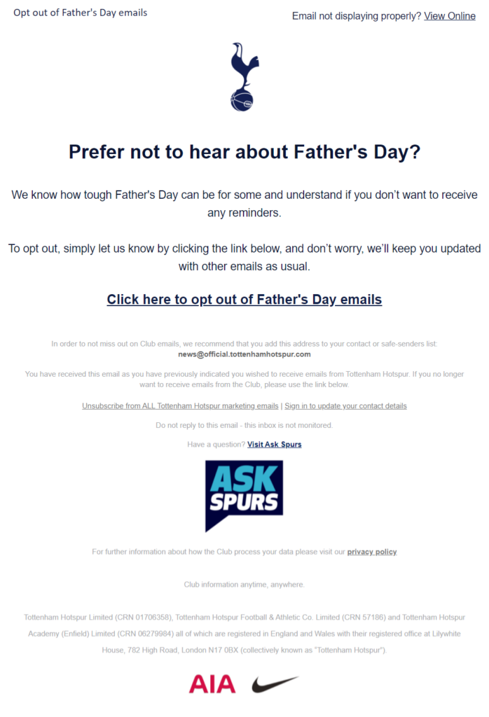 Spurs example of compassionate Father's Day email
