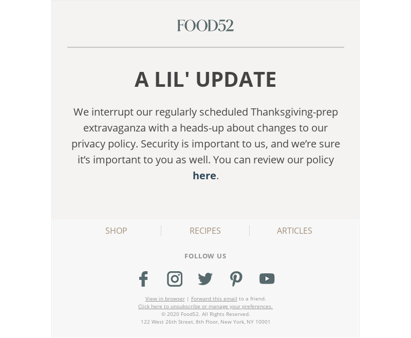 Food52 example of email marketing with transparency