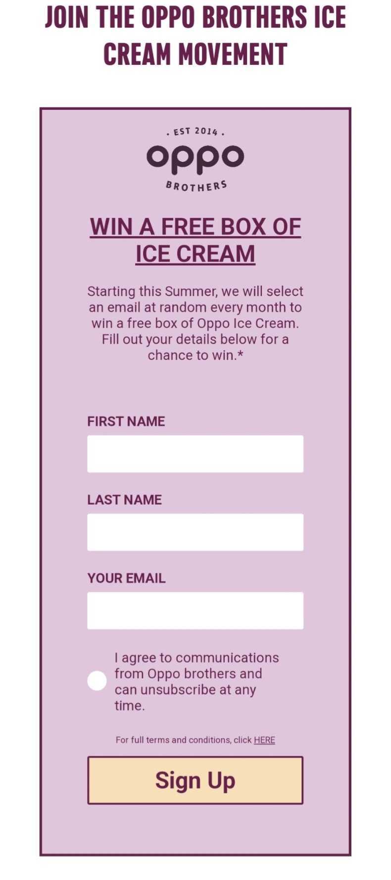 Oppo icecream email signup form 