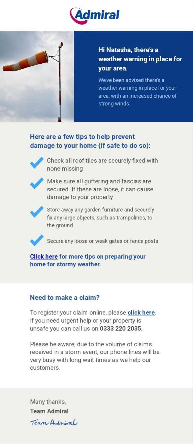 Home insurance email from Admiral