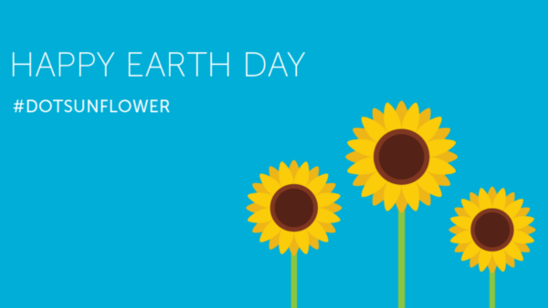 Illustration of sunflowers with text 'happy earth day'