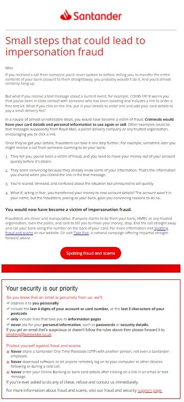 Santander email example about fraud