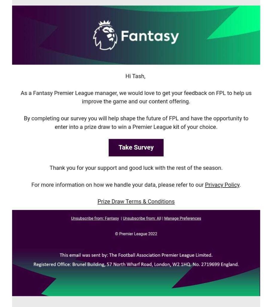 FPL email campaign asking users to do a survey