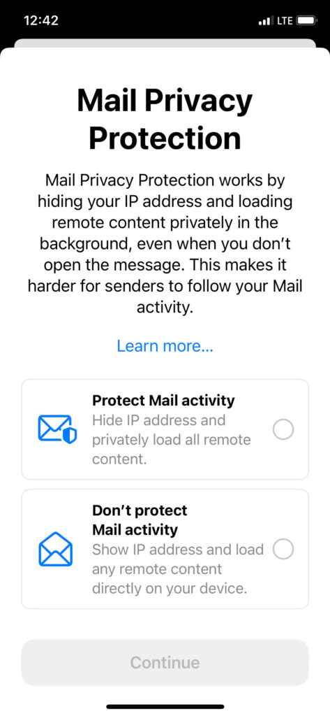 Screenshot of Apple's Mail Privacy Protection notice