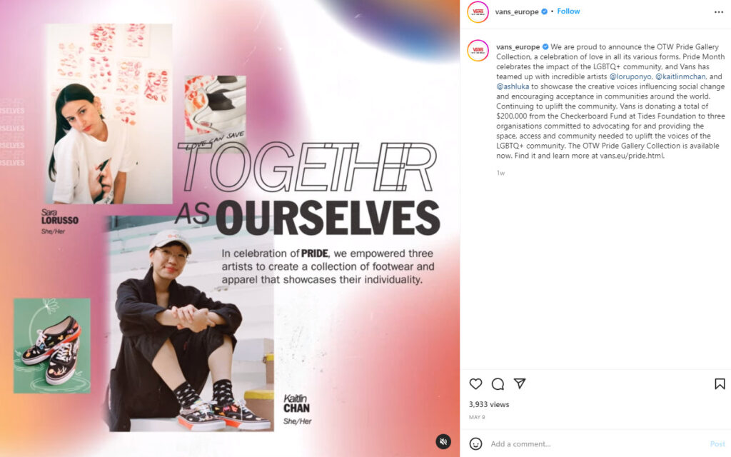 Vans Instagram post celebrating Pride month