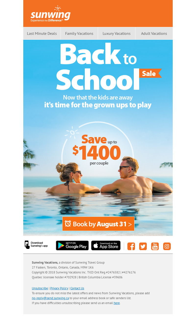 Sunwing back-to-school email marketing campaign