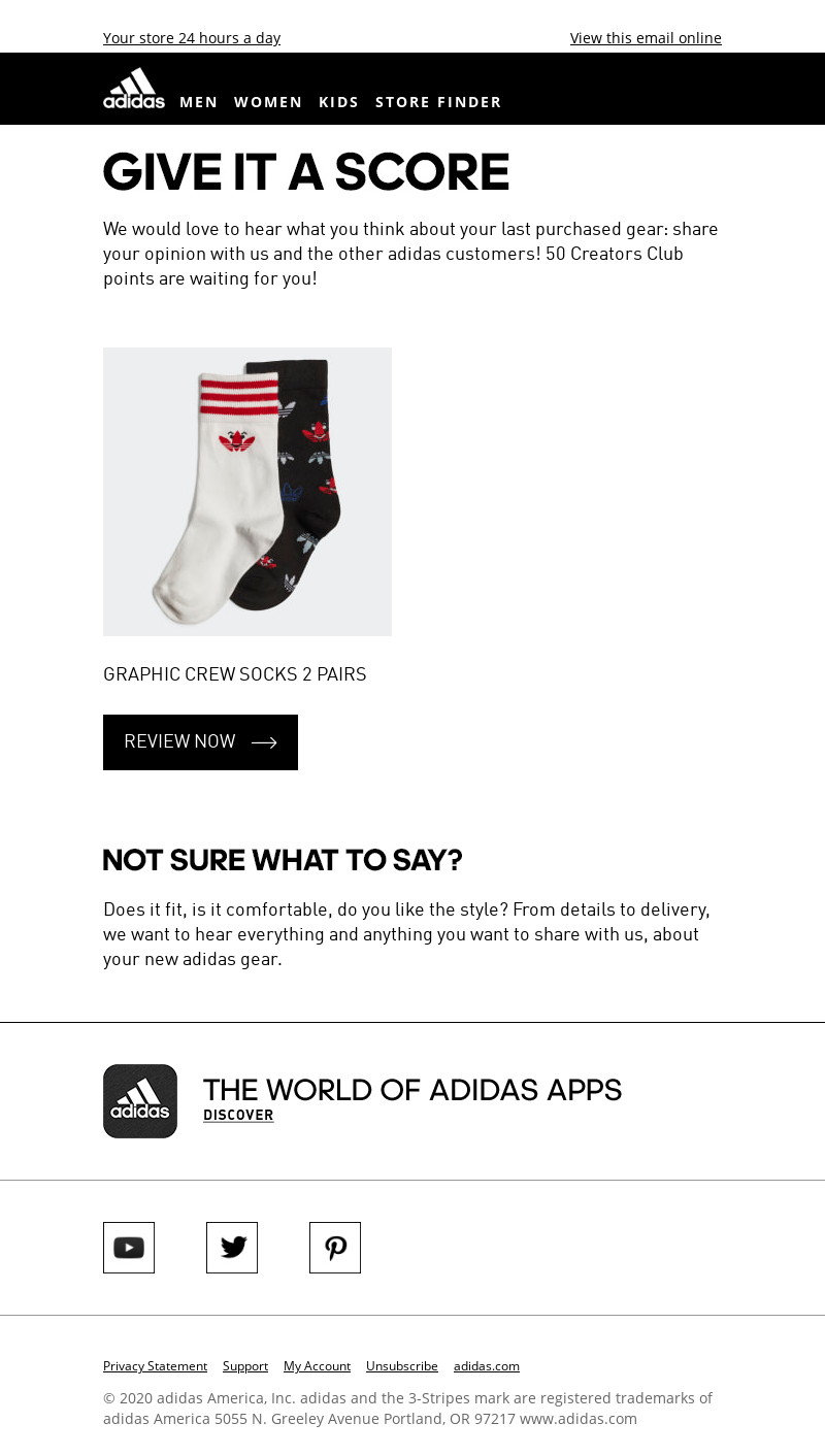 Email from Adidas with image of a pair of socks, copy reads 'give it a score' and a CTA button saying 'review now'