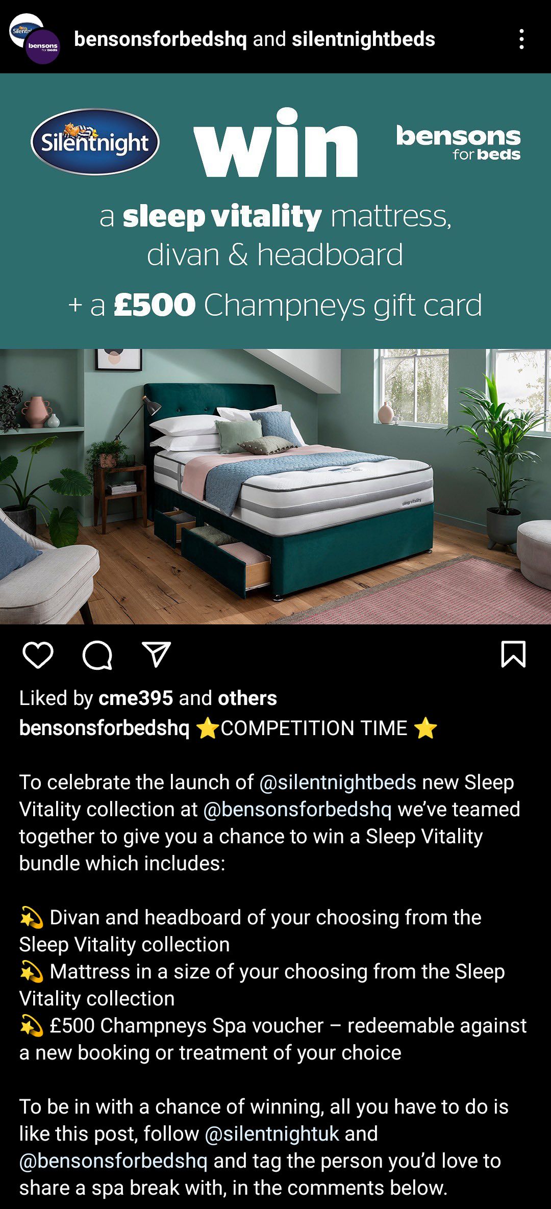 Image of Instagram post with image of a bed and text detailing competition rules