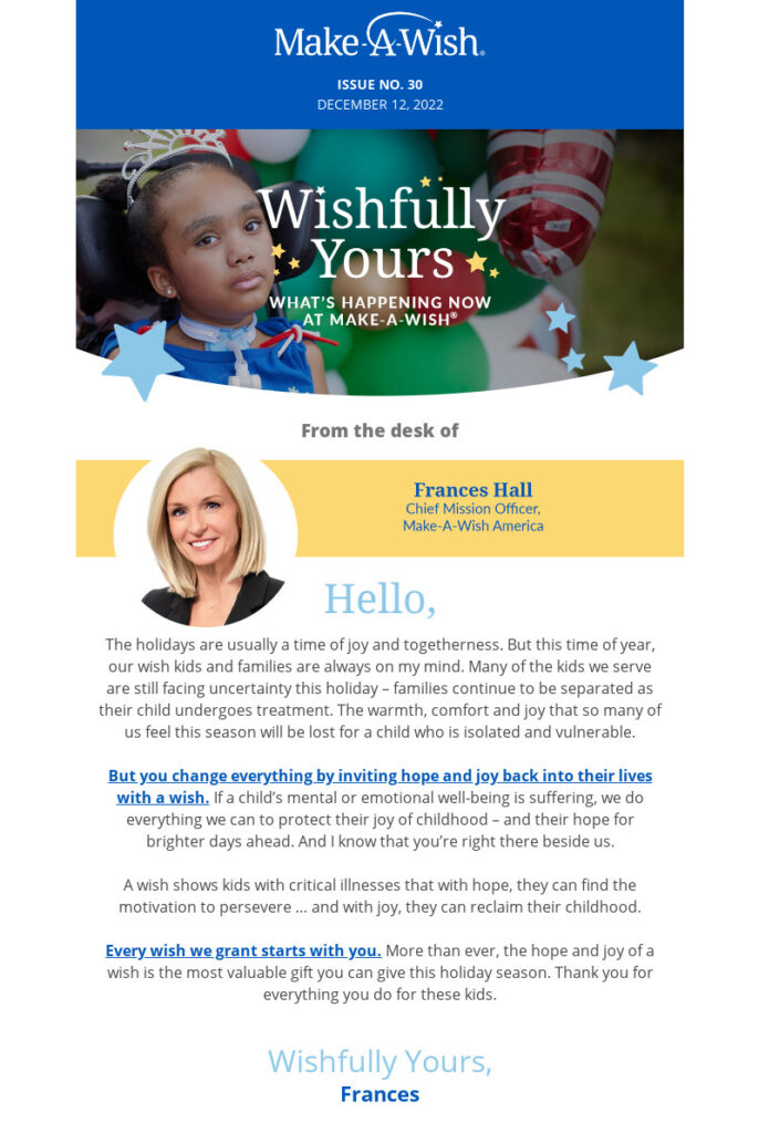 Email from Make a Wish Chief Mission Officer