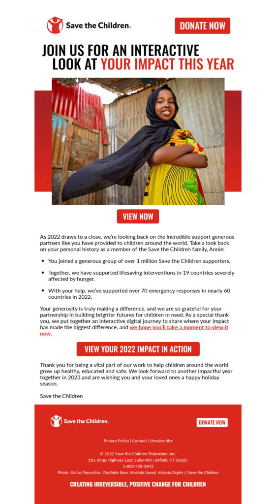 Image of yearly roundup email from Save the Children
