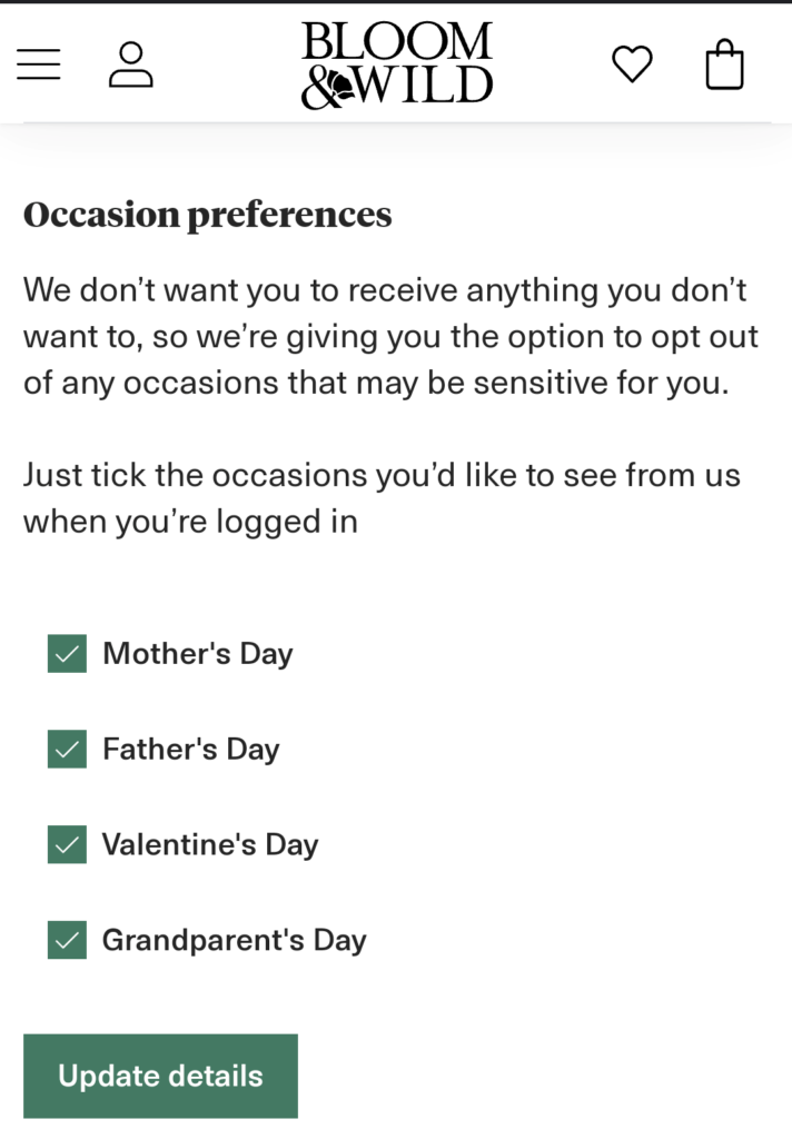 Capture of Bloom & Wild's preference center showing the option to tick or untick Mother's Day, Father's Day, Valentine's Day, and Grandparent's Day. 