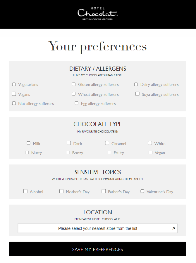 Capture of Hotel Chocolat's preference center highlighting the options to opt out of alcohol, Mother's Day, Father's Day and Valentine's Day 