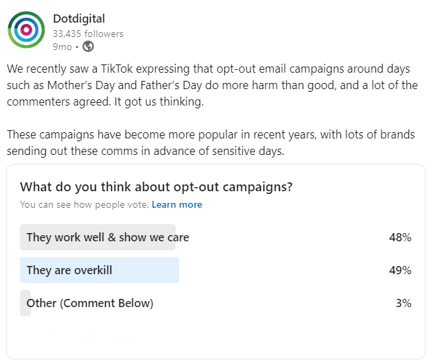 Screenshot of Dotdigital's poll on LinkedIn revealing 48% of voters think opt out campaigns 'work well and show we care' and 49% think 'they are overkill' with 3% saying other. 