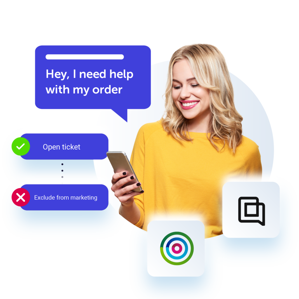 Image showing a customer with a speech bubble saying 'hey, I need help with my order' the image also has overlayed text saying  'open ticket' and 'exclude from marketing' 