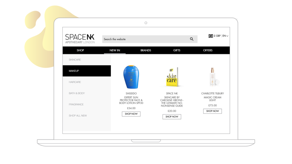 A laptop screen showcasing the customer experience through Space NK.