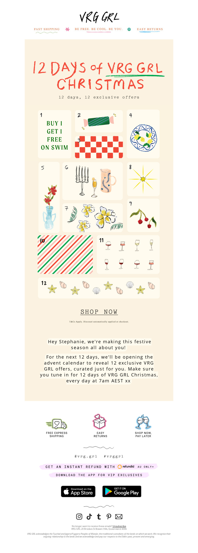 12 days of VRG GRL Christmas holiday marketing campaigns email.