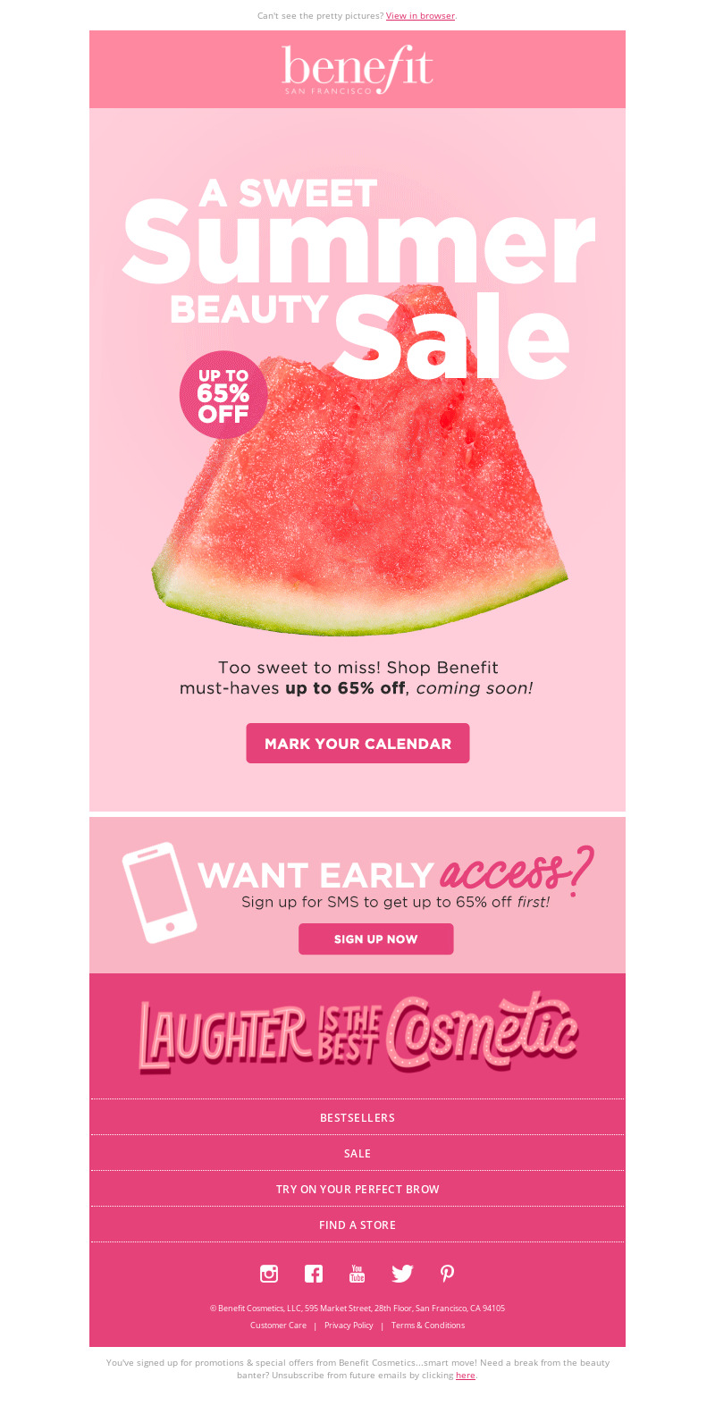 Benefit, summer beauty sale promotional email.