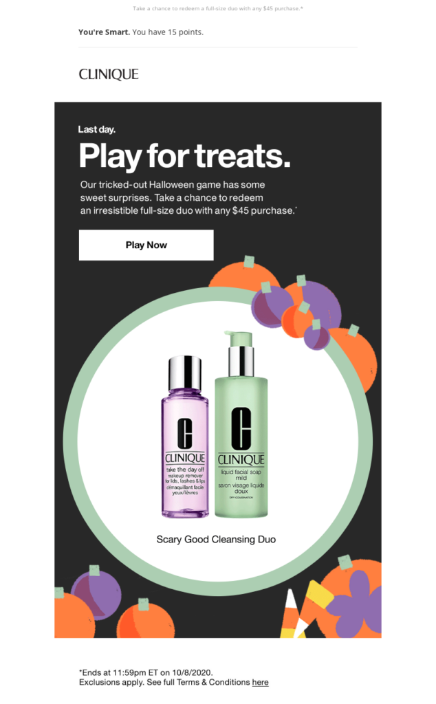 Clinique, gamification Halloween email marketing campaign. 