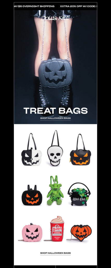 Dolls Kill, No Tricks, Just BAGS Halloween email marketing campaign.
