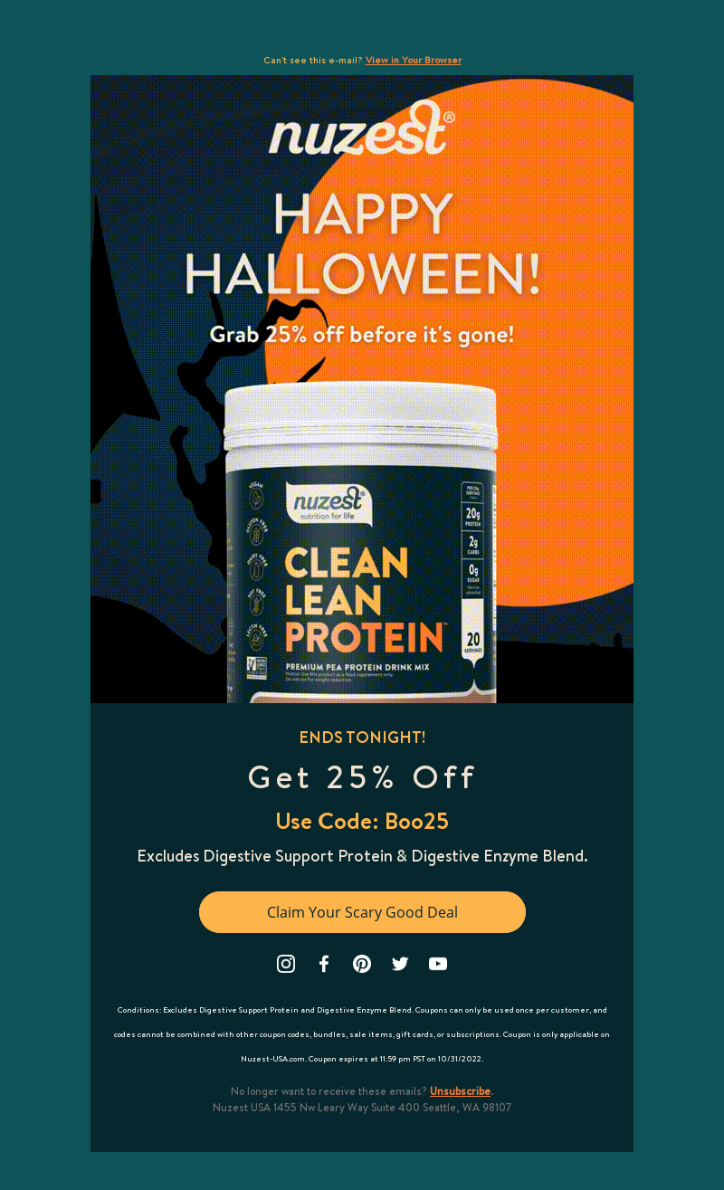 Nuzest USA, 25% Halloween email marketing campaign discount code. 