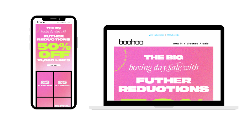 Boohoo, Boxing Day mobile and desktop friendly content.