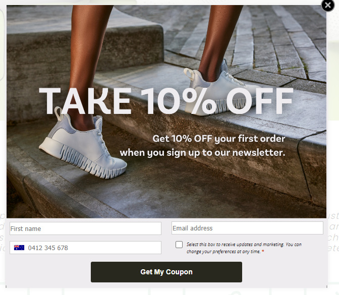 Take 10% off popover, email marketing for beginners example.