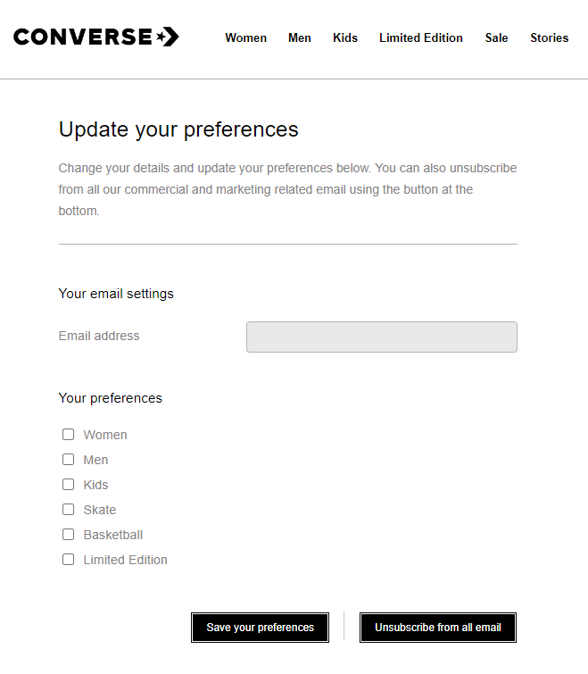 Converse, update your preferences, email marketing for beginners example.