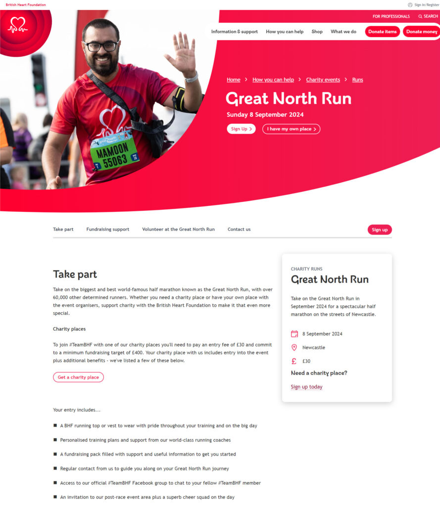 Event landing page BHF Great North Run