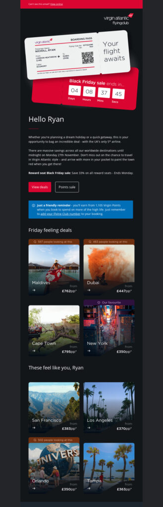 Virgin Atlantic, Black Friday countdown, and personalized email.