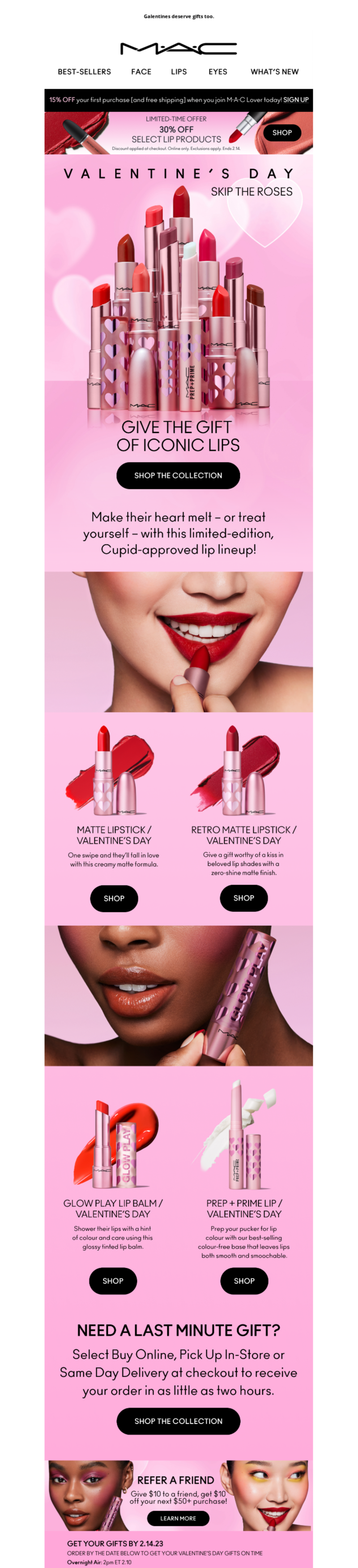 MAC Cosmetics, Valentine's Day email campaign, Last day to take 30% OFF select Lip products.