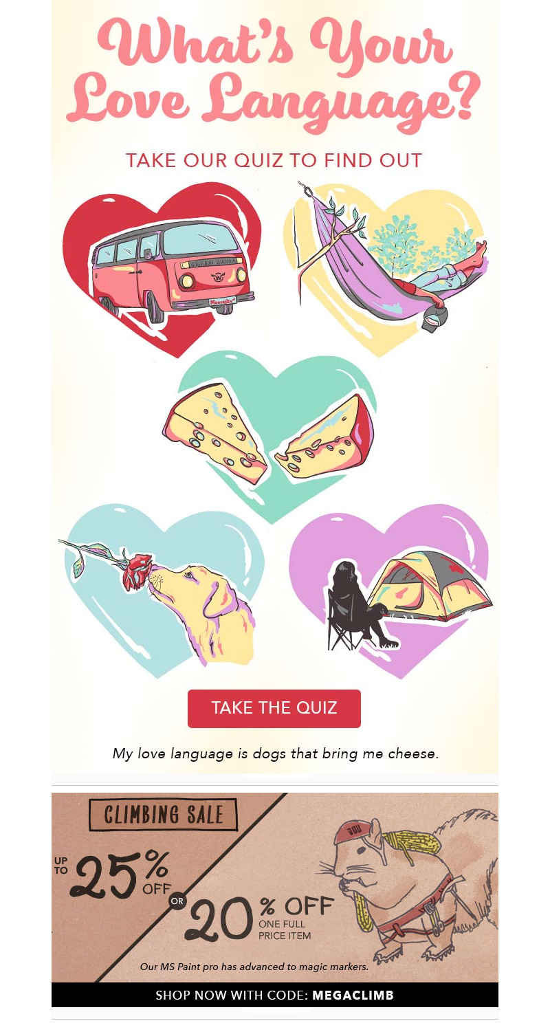 Moosejaw, Valentine's Day email campaign, featuring a discovery quiz for your love language.