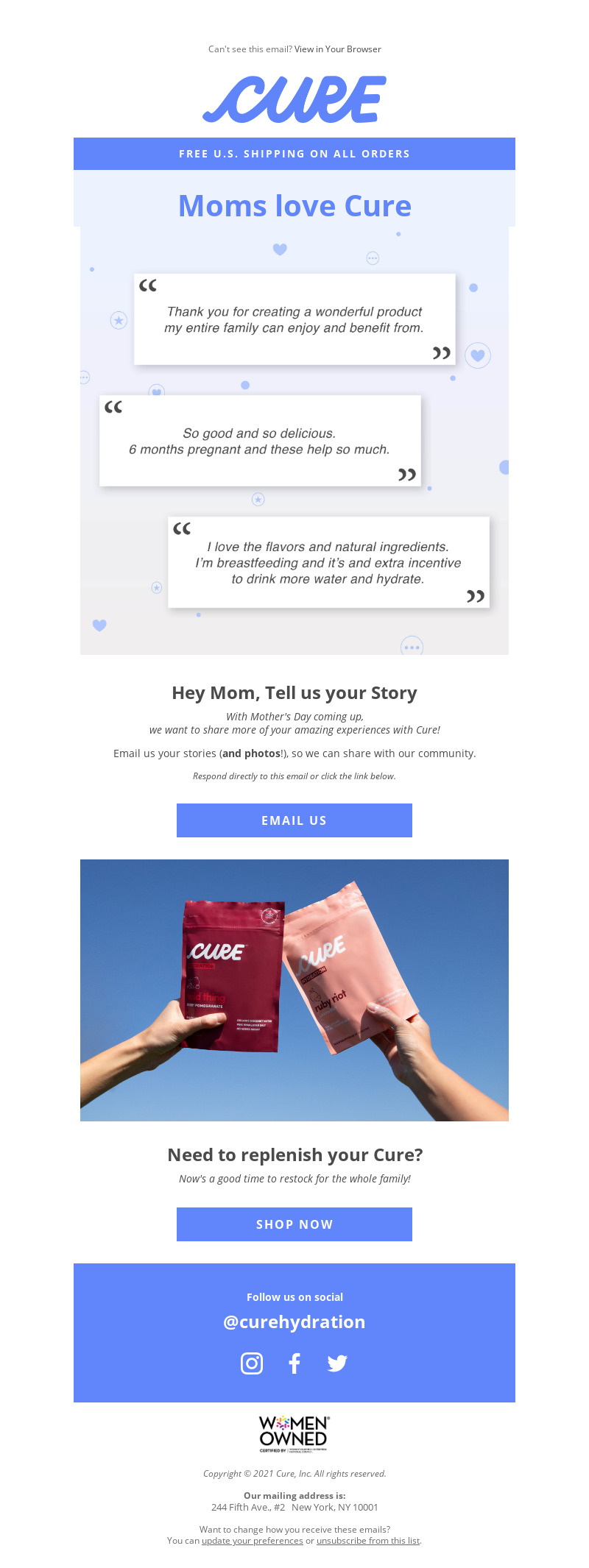 Cure Mother's Day email featuring heartwarming customer testimonials, 'Moms love Cure.'