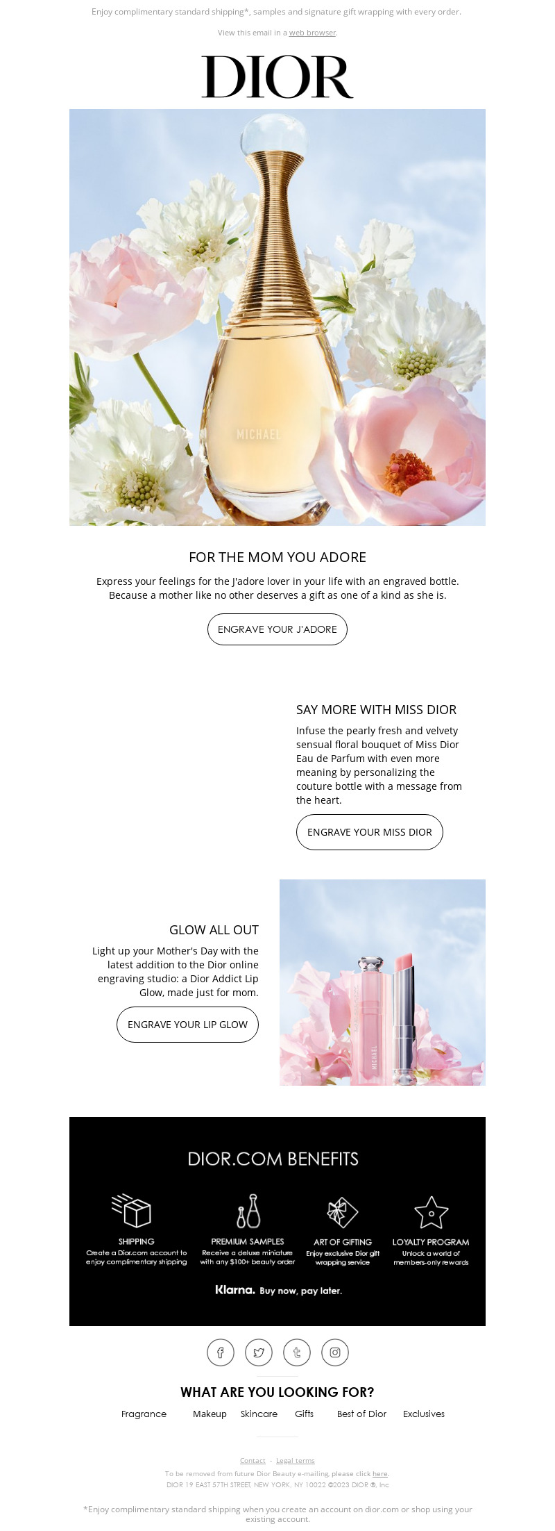 Dior Mother’s Day email showcasing engraved gifts, complimentary shipping, samples, and gift wrapping.