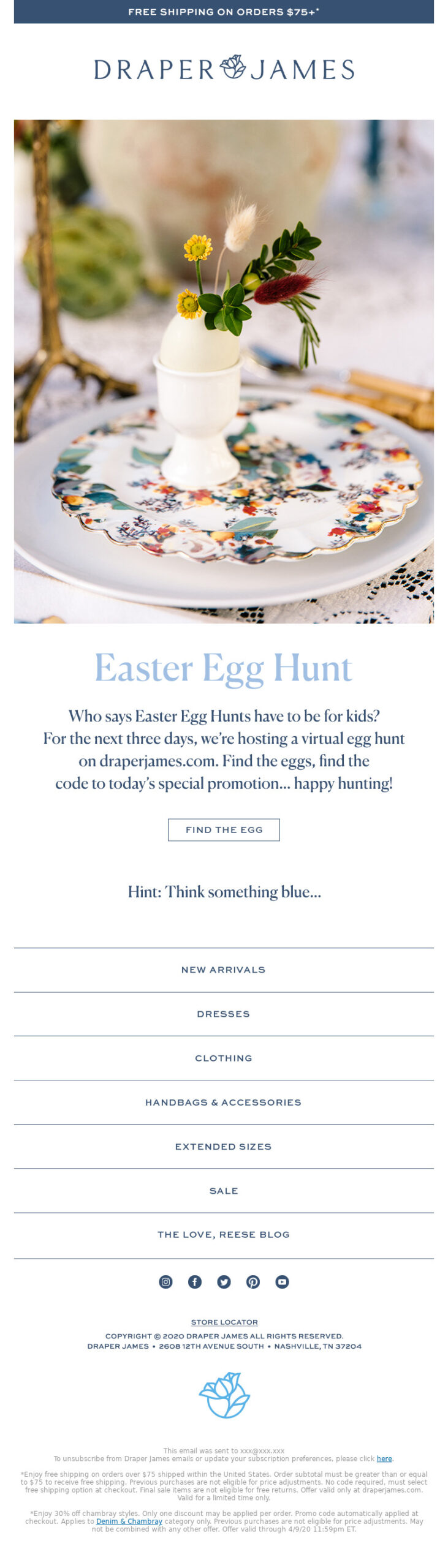 Draper James virtual Easter egg hunt email encouraging customers to explore the website for hidden eggs containing discount codes.