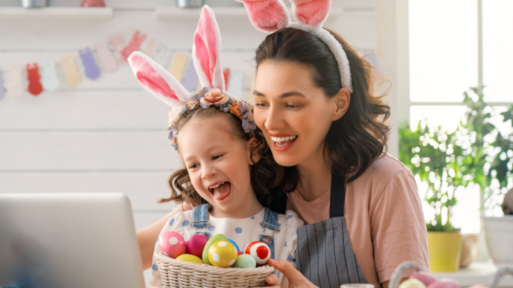 Mother and child browsing easter marketing campaigns.