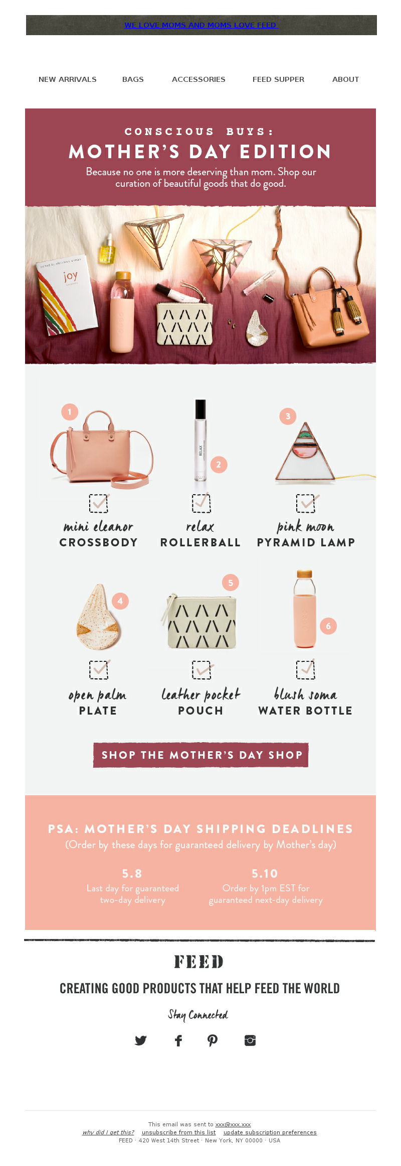 FEEDprojects Mother's Day email featuring a curated gift guide in various categories.