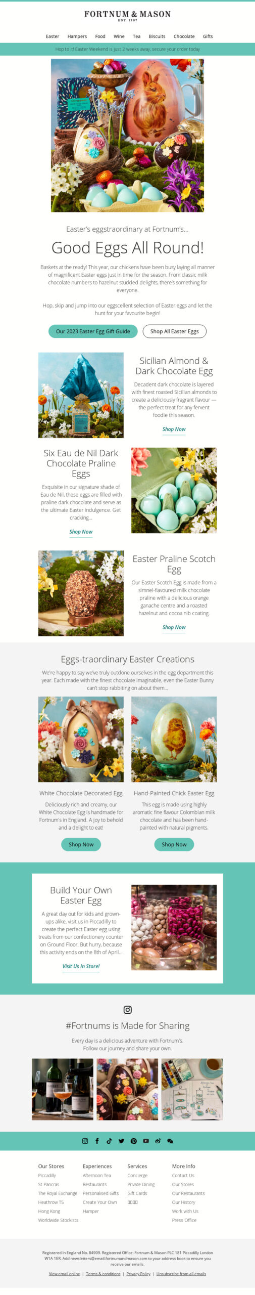 Fortnum and Mason's Easter email campaign showcasing an elegant Easter egg gift guide.