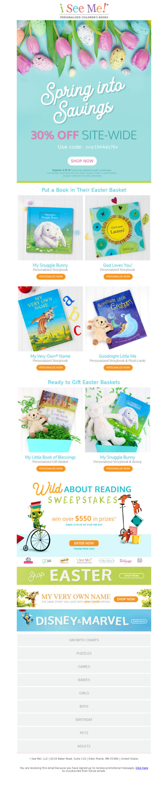 I See Me's Easter marketing campaign features a 30% off sitewide discount promotion and a curated selection of personalized Easter-themed books.