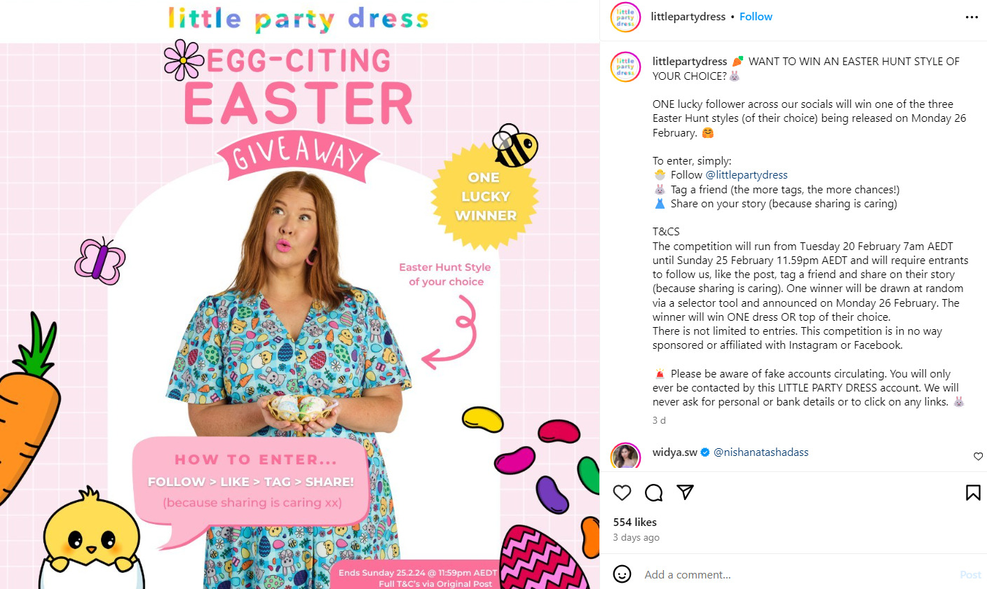 Little Party Dress's Instagram post promoting their Easter-themed social media contest.