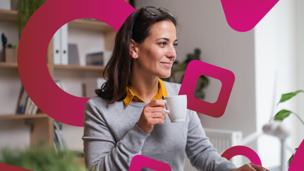 What's new in Dotdigital. A brunette woman holding a white mug with overlayed hot pink ombre geometric shapes