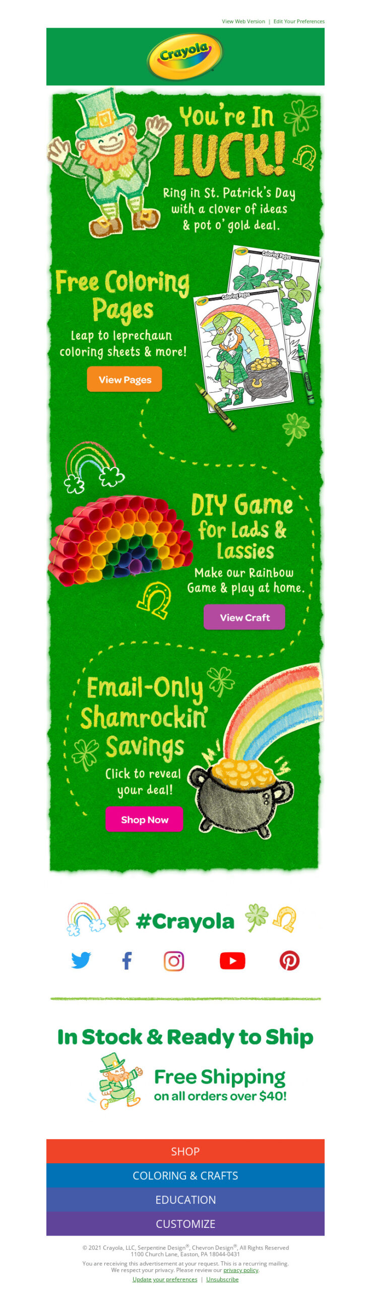 Crayola St. Patrick's Day freebies, DIY game, and exclusive deal email promotion.