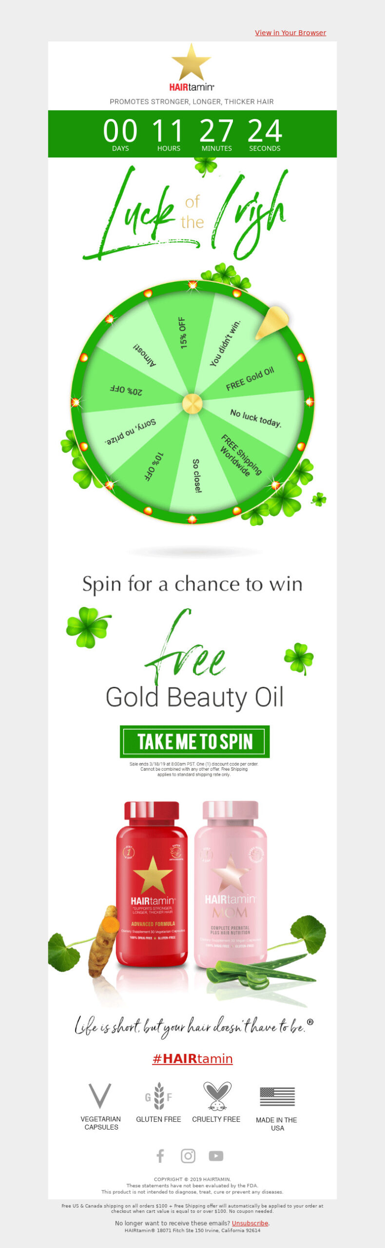 Hairtamin St. Patrick's Day gamification and countdown timer email promotion.