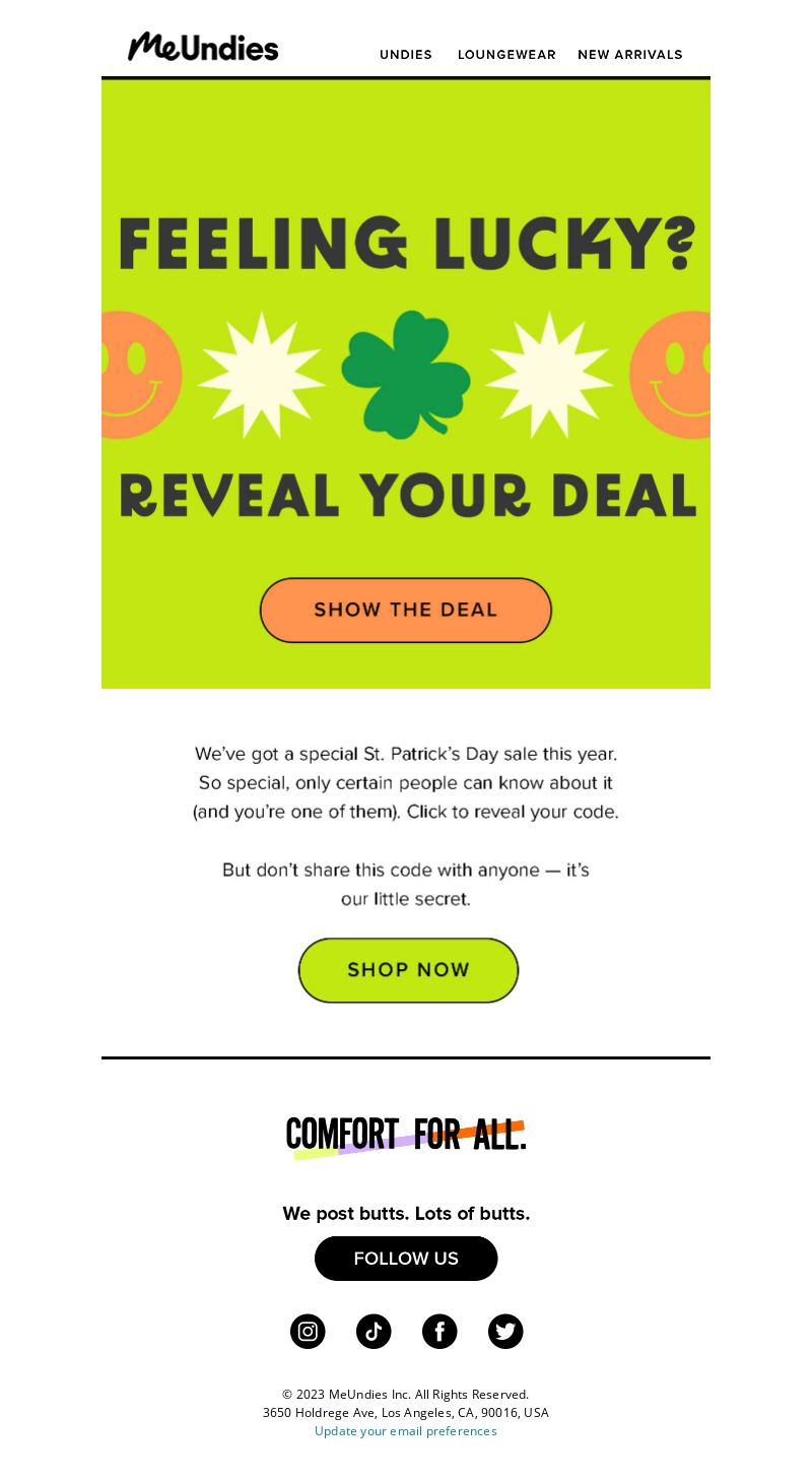 MeUndies St. Patrick's Day Mystery Sale email promotion.